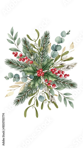 A watercolor illustration of a festive winter bouquet with pine branches, red holly berries, mistletoe, and eucalyptus leaves.