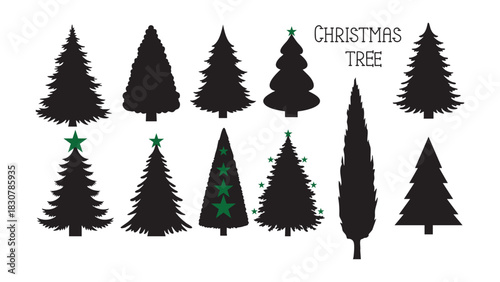 Diverse collection of stylish Christmas tree silhouettes evoking festive cheer, ideal for holiday designs and seasonal promotions, originally scalable vector graphics