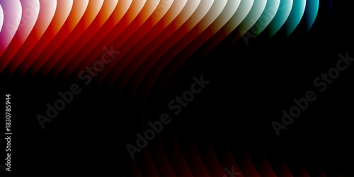Neon ribbed fractal glass 3d background. Holographic vertical stripe pattern with vibrant purple blue yellow gradient. Abstract black bg, iridescent texture lines in radiant colors. 3D illustration	
