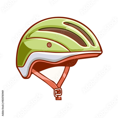 Cartoon illustration of a light green cycling helmet with red straps and brown vents