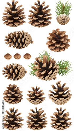 A collection of various pine cones and nuts, some with pine needles, on a white background.