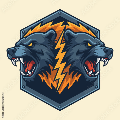 Two fierce bear heads with bared fangs and glowing eyes, separated by a lightning bolt, set within a hexagonal shield, in an aggressive esports logo style.