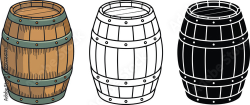 wooden wine barrel silhouette & Outline and illustration set isolated on transparent background