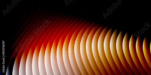 Neon ribbed fractal glass 3d background. Holographic vertical stripe pattern with vibrant purple blue yellow gradient. Abstract black bg, iridescent texture lines in radiant colors. 3D illustration	
