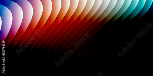 Neon ribbed fractal glass 3d background. Holographic vertical stripe pattern with vibrant purple blue yellow gradient. Abstract black bg, iridescent texture lines in radiant colors. 3D illustration	
