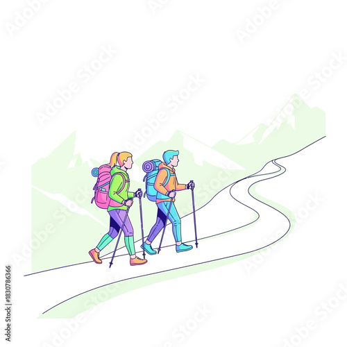 Trekking Couple Adventure A Vibrant Illustration of a Couple Hiking Through Scenic Mountains