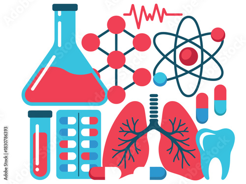 A collection of symbols representing various scientific disciplines including chemistry, biology, and medicine.