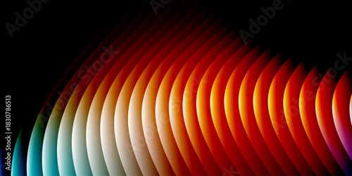 Neon ribbed fractal glass 3d background. Holographic vertical stripe pattern with vibrant purple blue yellow gradient. Abstract black bg, iridescent texture lines in radiant colors. 3D illustration	
