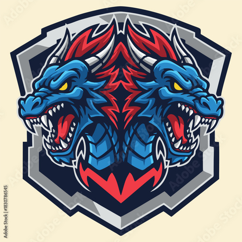 A fierce two-headed blue dragon esports logo with red accents and a grey shield background.