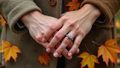 Hands with engagement ring surrounded by autumn leaves  
