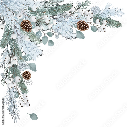 A detailed corner arrangement of frosted pine branches, berries, and pinecones, perfect for holiday decorations.