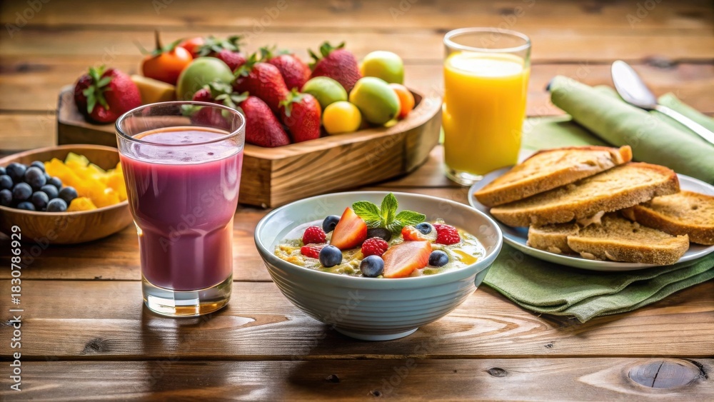 custom made wallpaper toronto digitalA delightful breakfast scene featuring a vibrant fruit bowl, a smoothie, a bowl of creamy porridge topped with fresh berries and a side of toasted bread
