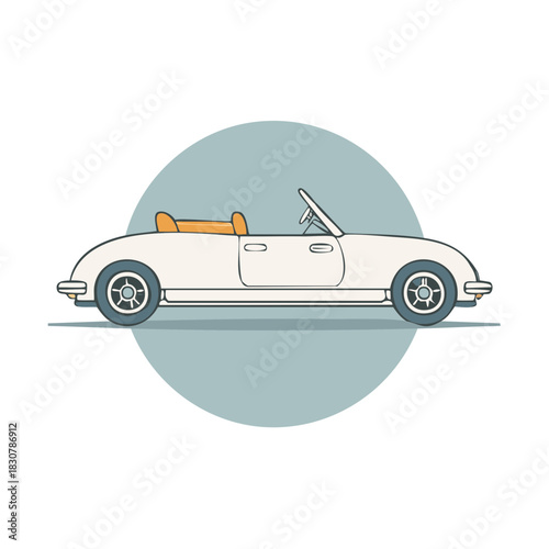 Illustrated retro convertible car design against a circular light blue background.