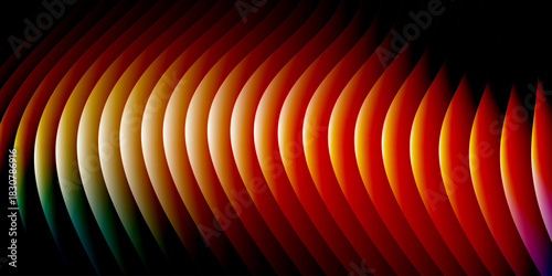 Neon ribbed fractal glass 3d background. Holographic vertical stripe pattern with vibrant purple blue yellow gradient. Abstract black bg, iridescent texture lines in radiant colors. 3D illustration	
