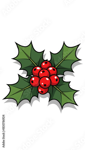 A cluster of bright red holly berries surrounded by dark green spiky leaves, symbolizing the winter season and holidays.