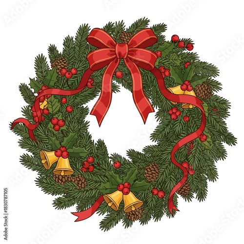Festive Christmas wreath with red bow, bells, berries, and pine cones.
