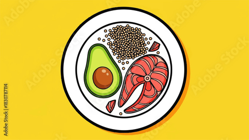 Healthy Balanced Meal Plate Illustration with Salmon, Avocado  Lentils - Superfood Nutrition Diet Concept