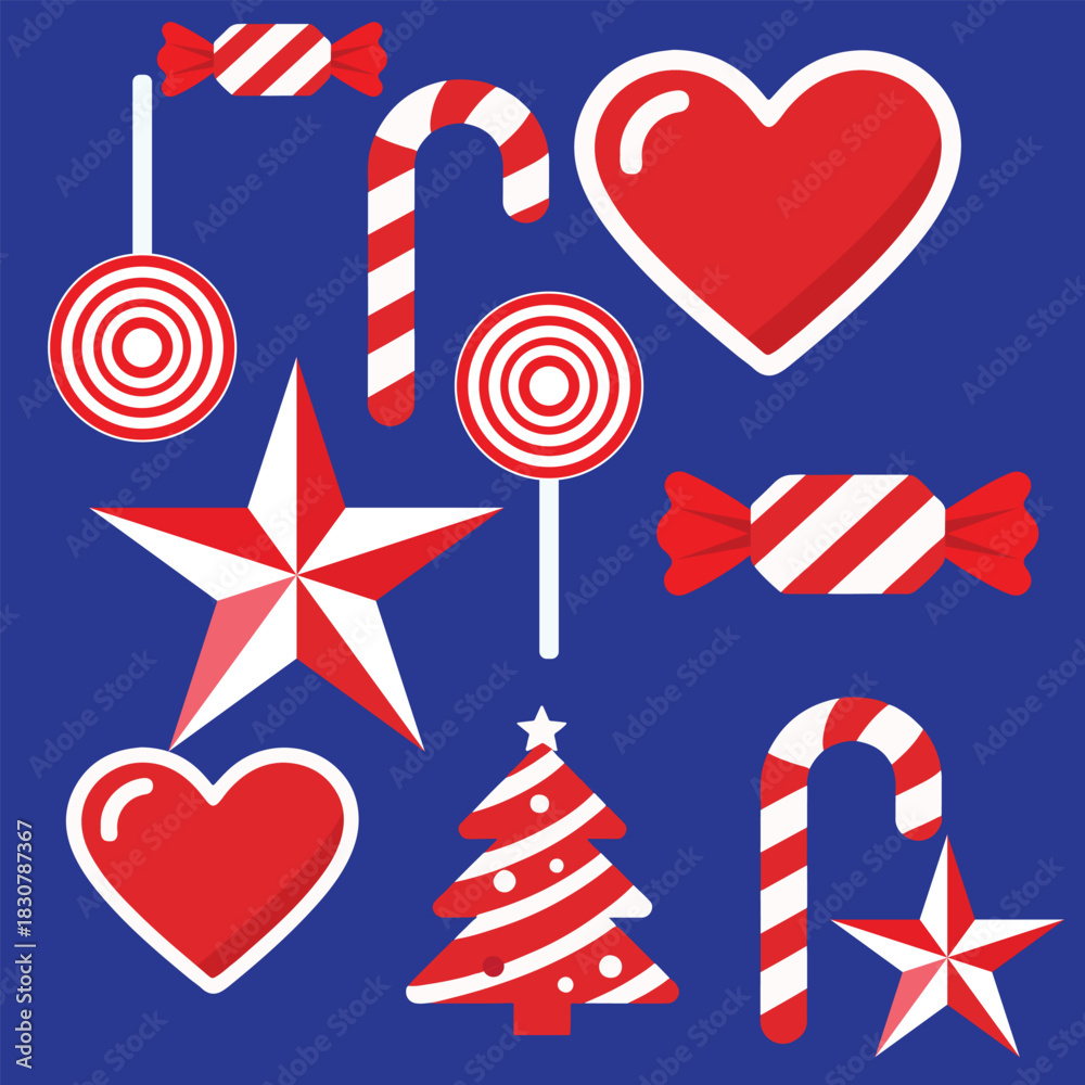 Fototapeta premium Red and white striped festive holiday candy assortment including swirl lollipops star treats heart shaped sweets Christmas themed vector design pattern