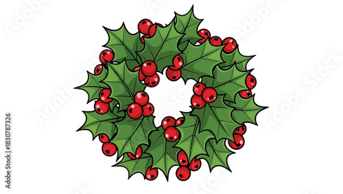 A festive circular wreath made of green holly leaves and bright red berries, symbolizing Christmas and winter holidays.