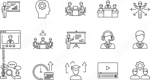 Business Management, Training, and Education Icon Set Line Art Vector Illustration: Presentation, Brainstorming, Meeting, Decisions, Customer Support, Graduation, and Planning.