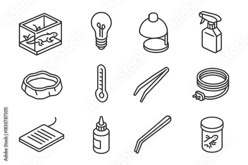 Reptile care equipment icons: terrarium, lightbulb, thermometer, tweezers.