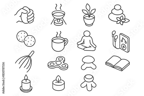 Hand-drawn wellness and relaxation icons set.