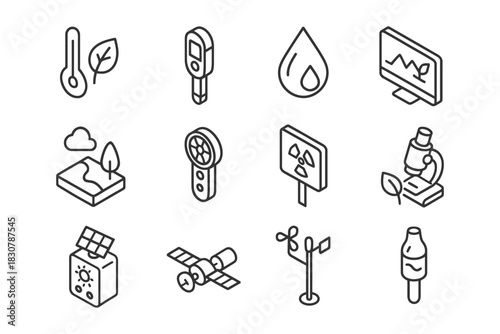 Set of environmental science icons: thermometer, satellite, microscope, wind vane.