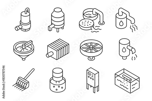 Line art icons of industrial filtration and water treatment systems.