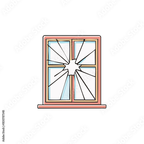 Broken window with shattered glass pane and a central impact hole flat vector illustration of damage