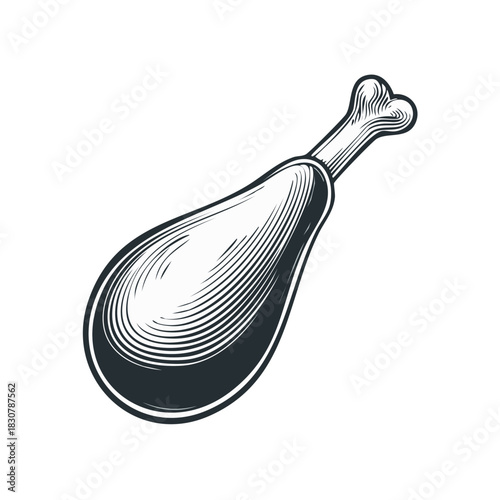 Classic black and white chicken leg illustration in a vintage engraved style