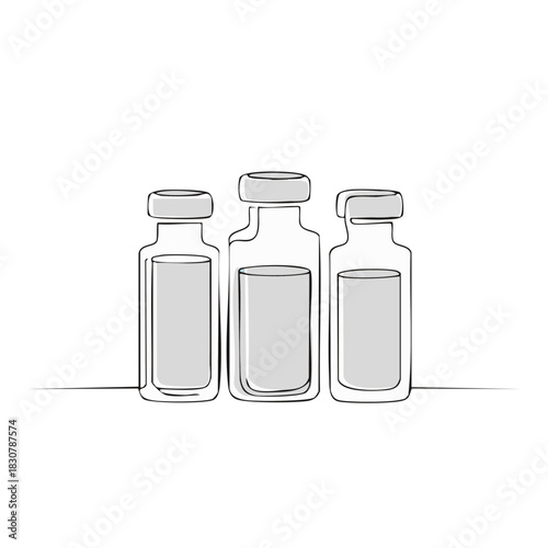 Three glass vaccine vials with gray liquid and stoppers in minimalist line art illustration