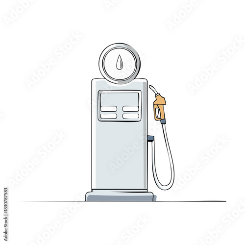 Illustration of a vintage gasoline pump with fuel nozzle and meter dial