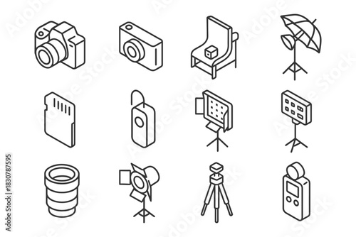 Line art camera equipment icons set: tripod, lens, lighting, memory card.