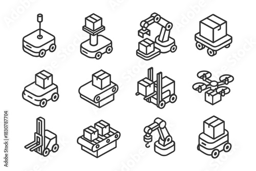 Isometric icons of automated warehouse robots and drones.