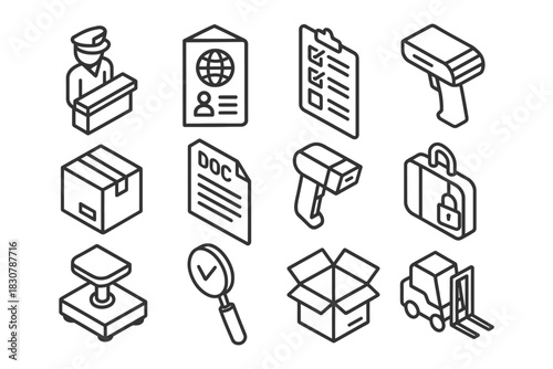 Customs and shipping icons: passport, inspection, barcode scanner, document, package, security.