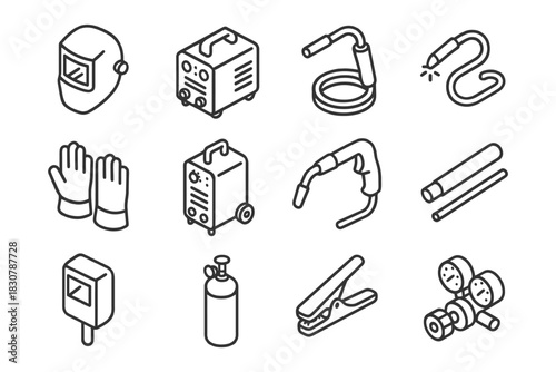Essential welding equipment icons set including mask, welder, gloves, and torch.