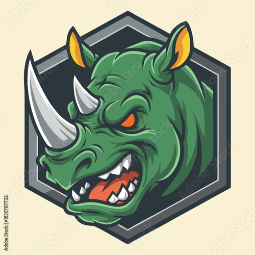 A fierce green rhino head with sharp teeth and orange eyes in a hexagonal frame, depicted in a powerful and aggressive cartoon style.