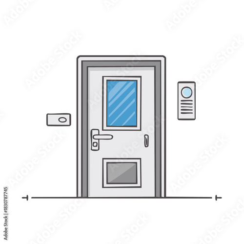 Simple illustration of a closed door with a window, door handle, knocker, peephole and doorbell button