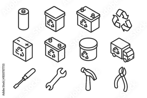 Recycling icons: batteries, tools, and waste management symbols.