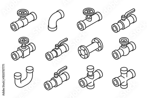 Collection of plumbing pipe fittings and valves in isometric style.