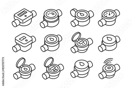 Assorted water meter designs with digital and analog dials.