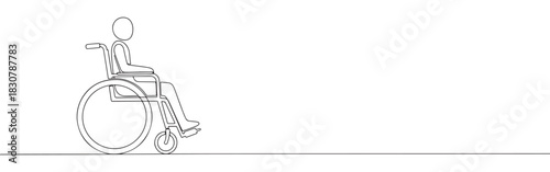 Continuous one thin smooth line simple minimalistic drawing of a person in a wheelchair on a white background