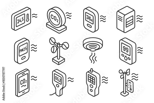 Air quality monitoring devices icons set: co2, pm2.5, temperature sensors.