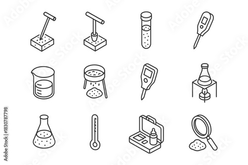 Laboratory equipment icons set with beaker, thermometer, test tube, and magnifying glass.