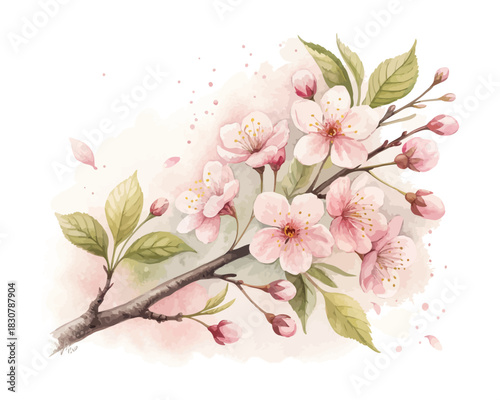 Cherry Blossom Branch Watercolor Element 