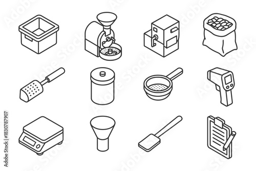 Coffee brewing equipment line icons: grinder, scale, thermometer, and more.