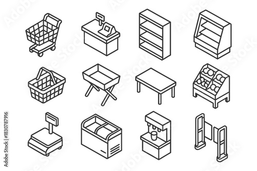Isometric shopping icons set featuring cart, shelving, checkout, and scales.