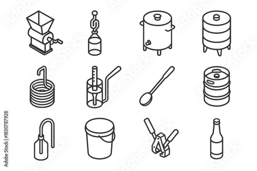 Homebrewing equipment icons: fermentation, bottling, brewing essentials.