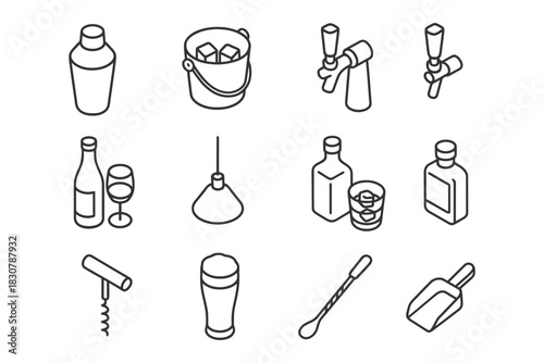 Isometric bar tools collection: shaker, glasses, bottles, opener, mixer.