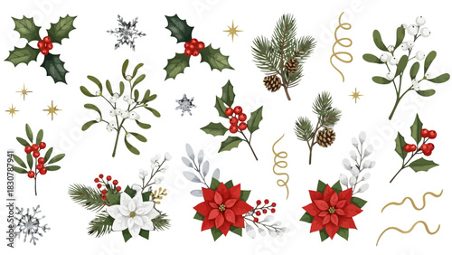 Watercolor illustration of various Christmas floral elements, including holly, mistletoe, and poinsettia.